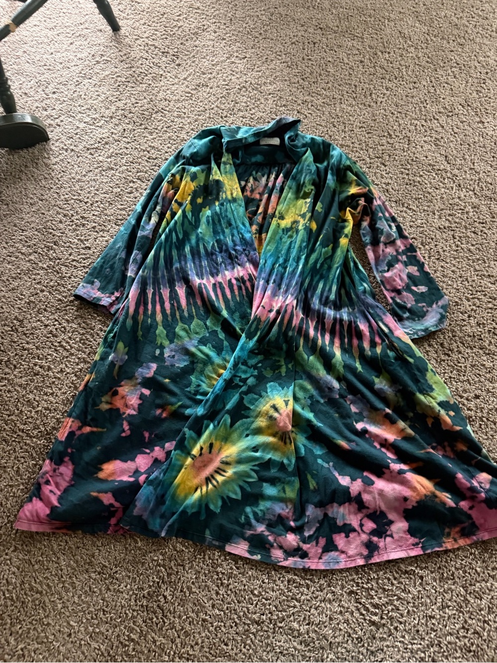 Tie-Dye Open Cardigan Duster in Teal, Pink & Yellow